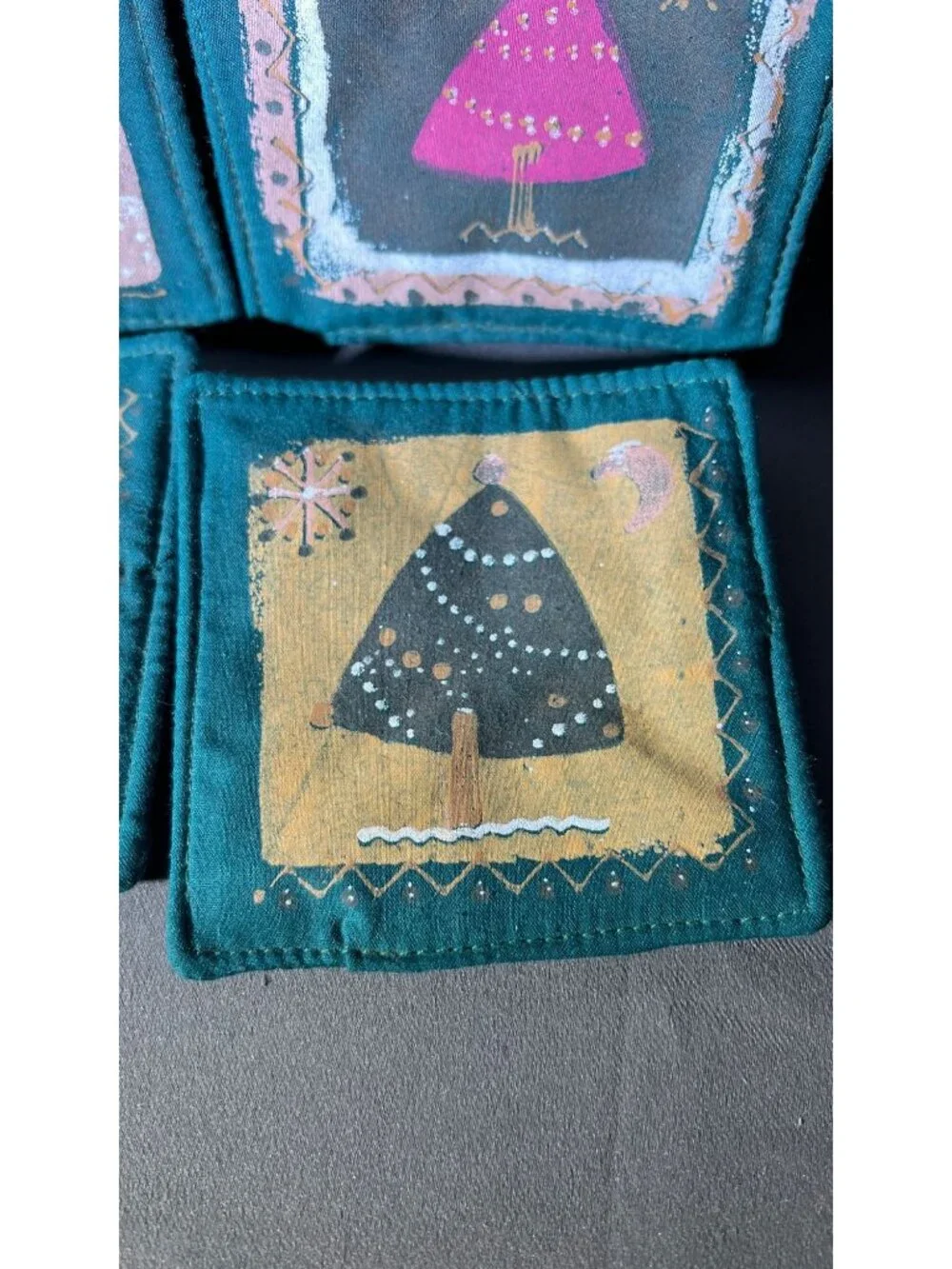 Handcrafted Fabric Christmas Tree Coasters Set Of 4 Holiday Decor